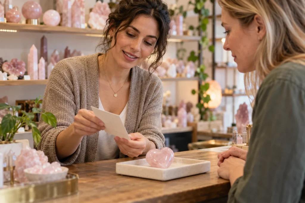 Illustration of a retailer showing a rose quartz care card to a customer across a shop counter