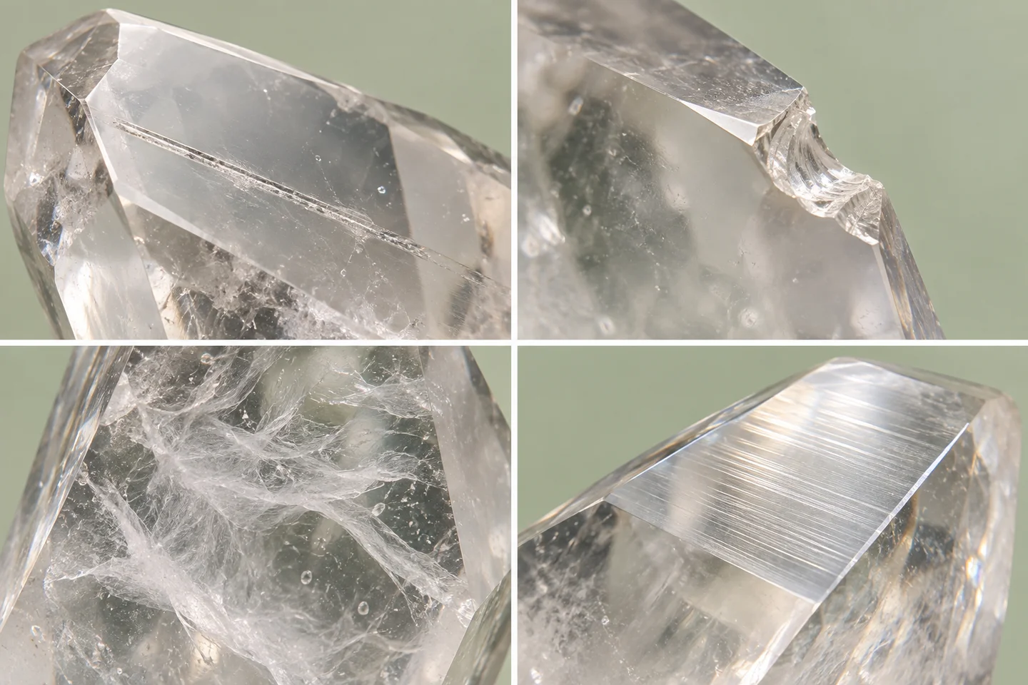 Conceptual comparison of clear quartz surface and internal features