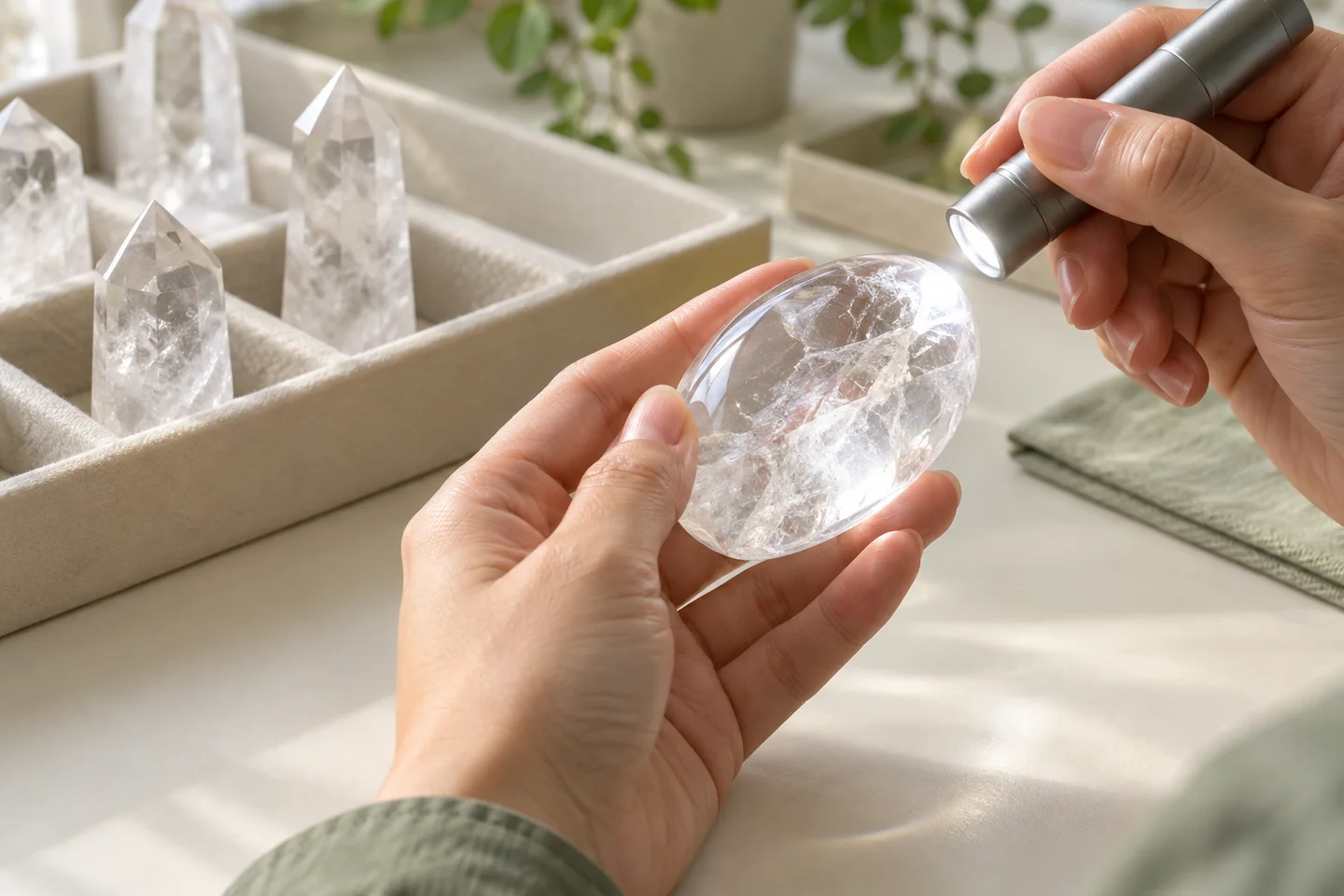 Illustrated surface inspection of clear quartz under angled light