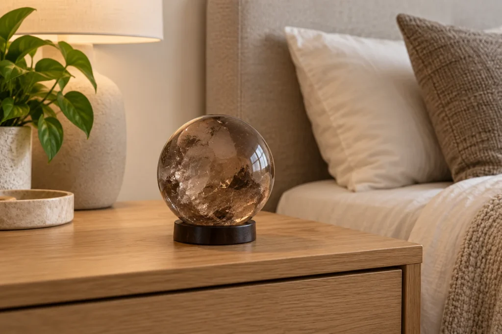 Illustrated smoky quartz sphere on a fitted bedside-table stand