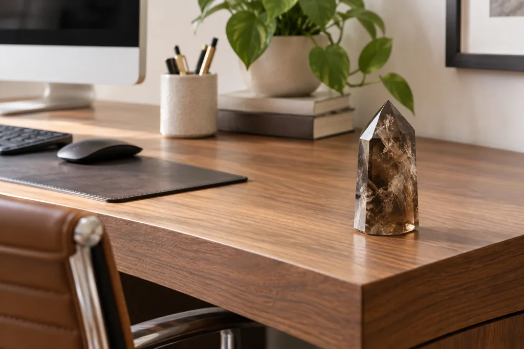 Illustrated smoky quartz tower on an uncluttered office desk