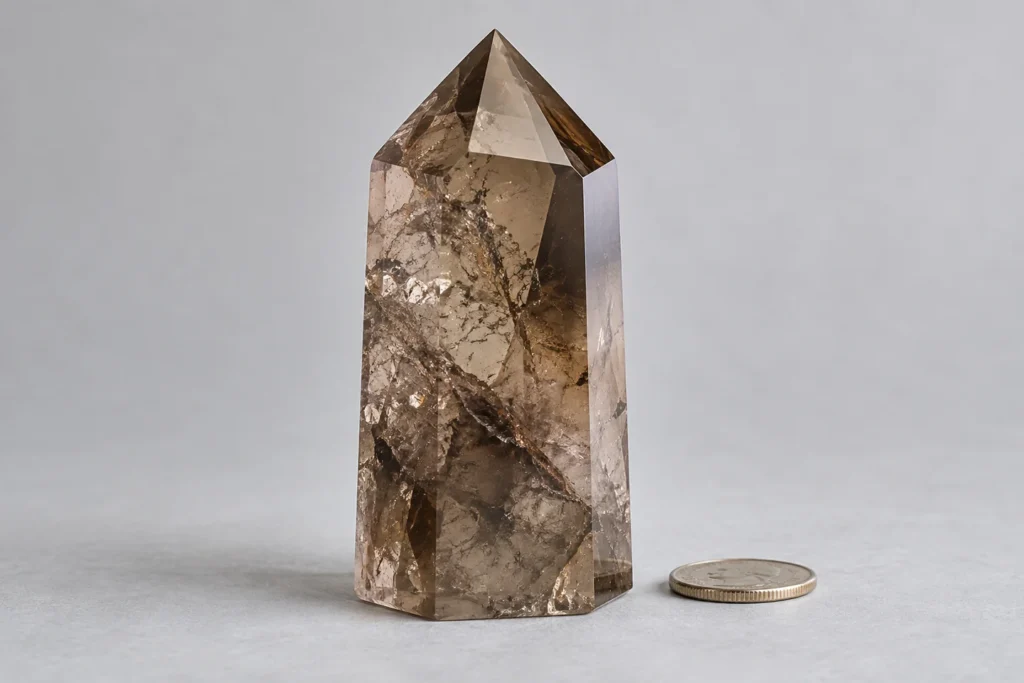Illustrated smoky quartz product photography with coin for approximate scale