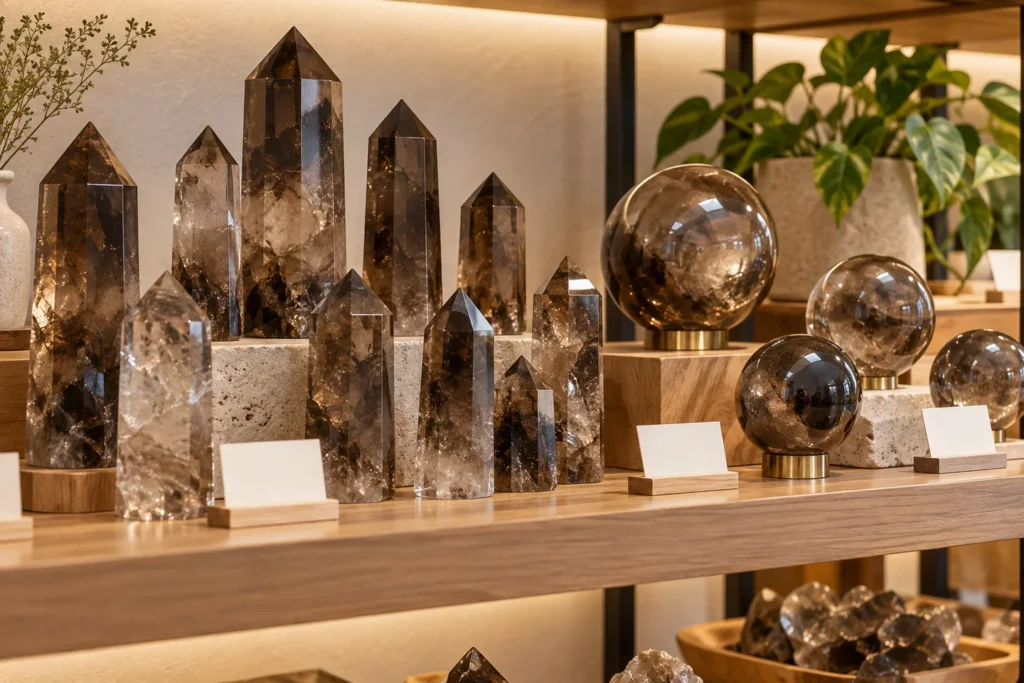 Illustrated retail display of smoky quartz towers and spheres
