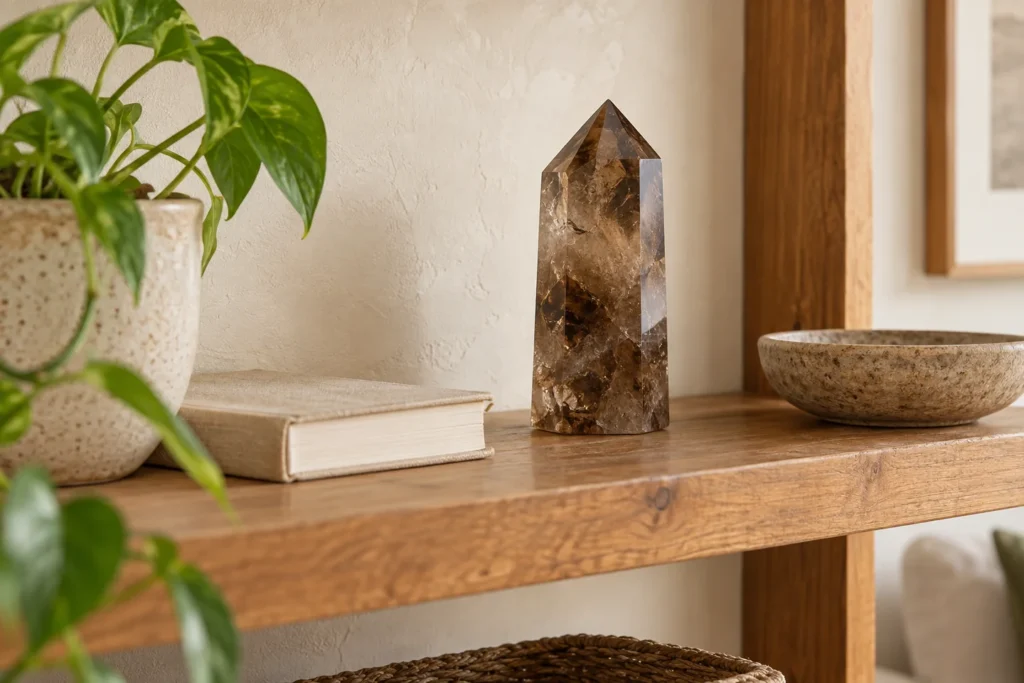 Illustrated smoky quartz tower on a stable wooden living room shelf