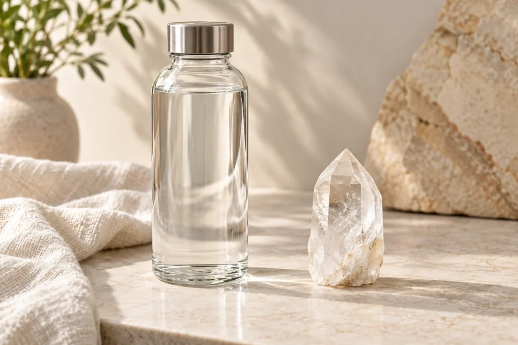 AI illustration: Closed drinking water bottle with a separate quartz point kept outside
