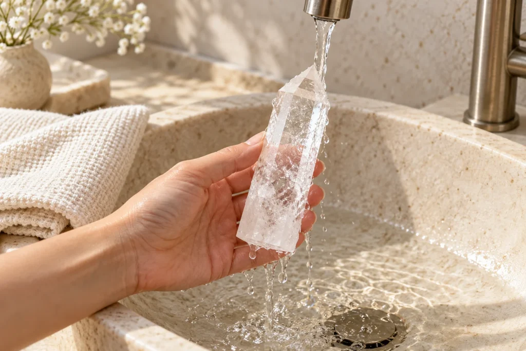 AI illustration: Clear quartz tower briefly rinsed under running water beside a drying cloth