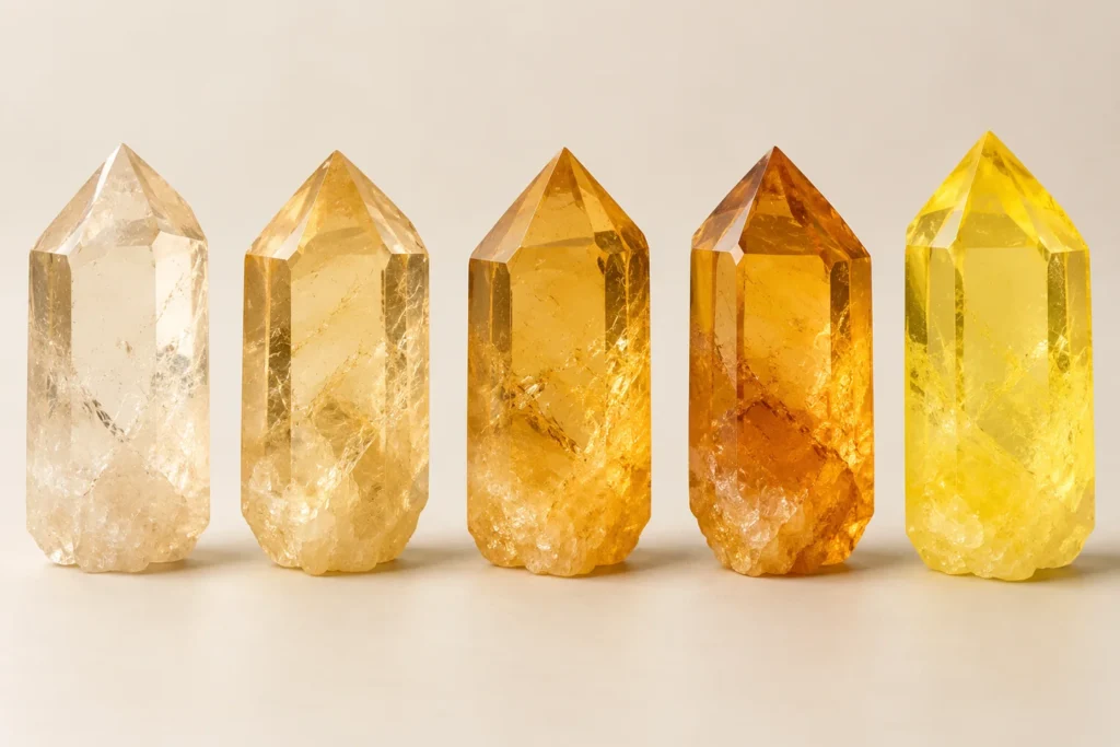 Illustrated pale to saturated yellow quartz specimens