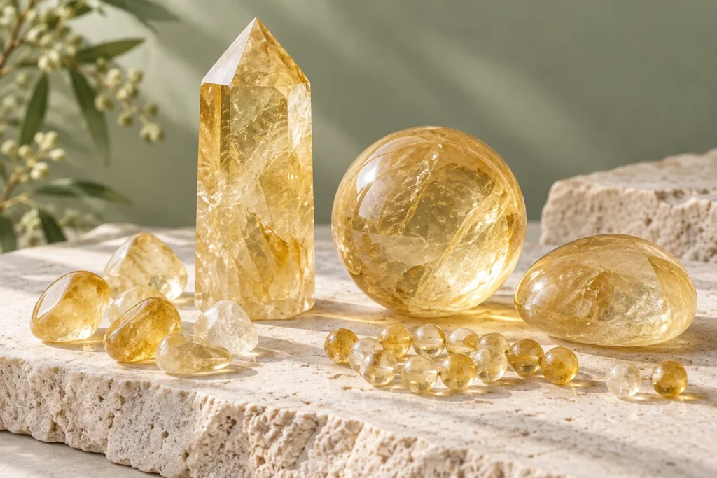 Illustrated yellow quartz towers, spheres and tumbled stones
