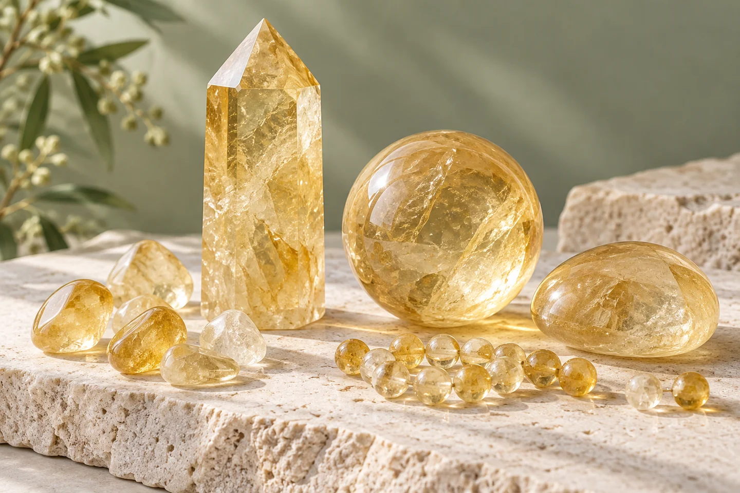 Illustrated yellow quartz towers, spheres and tumbled stones